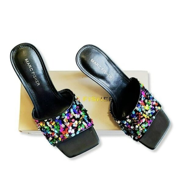 NWT MARC FISHER Women's Danria Sequin Stiletto Heel Sandals Dress Slip-on Heels - Picture 7 of 8